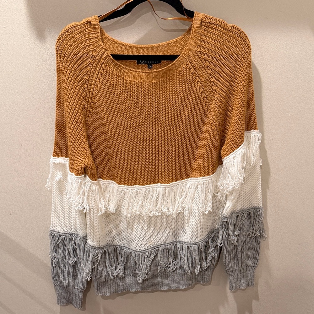 Boutique Multicolor Fringe Sweater - Tan, White, and Gray